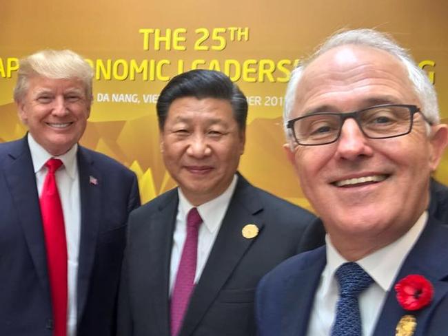 Prime Minister Malcolm Turnbull took a selfie with Donald Trump and Chinese President Xi Jinping. Picture: Facebook