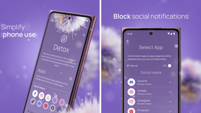 The detox mode allows you to completely block social media apps that you don't want your child anywhere near. Image: Supplied