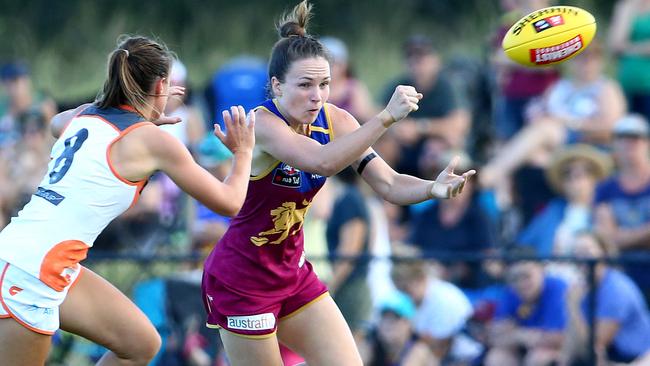 Emily Bates in action for the Lions at the club’s current home ground for AFLW matches, the South Pine Sports Complex. Picture: Liam Kidston.