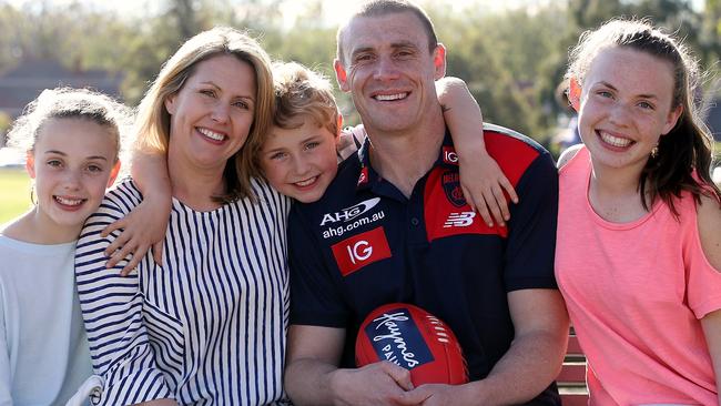 Simon Goodwin with wife Maggie, son Eddie and daughters Isabella and Lily. Picture: Wayne Ludbey