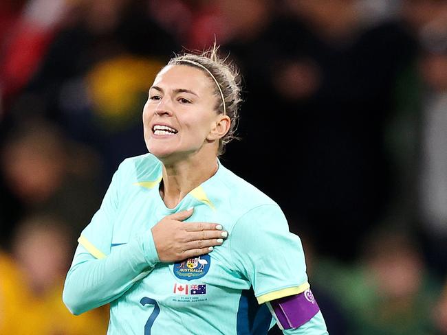 MELBOURNE, JULY 31, 2023: 2023 Fifa Womens World Cup - Australia V Canada. Steph Catley of the Matildas celebrates a goal during the match at Melbourne Rectangular Stadium. Picture: Mark Stewart