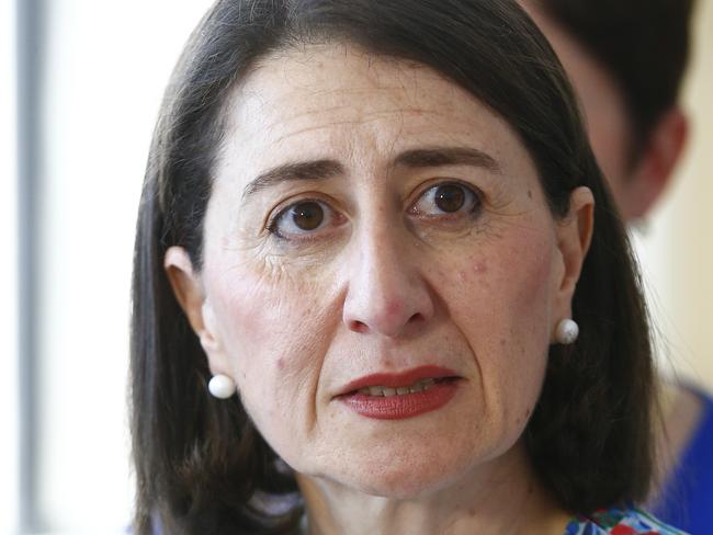 New South Wales Premier Gladys Berejiklian during a press conference at Westmead Hospital where she was questioned about train delays, pill testing and Opal Tower. Picture: Dylan Robinson