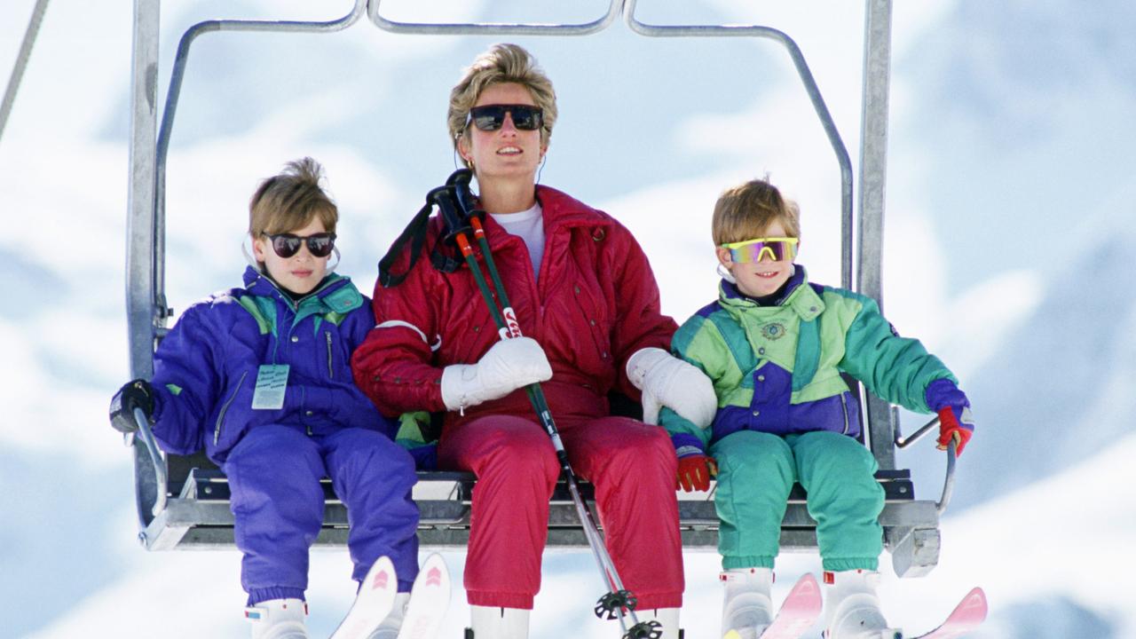 The Princess Of Wales with Princes William and Harry on a ski holiday in Lech, Austria. Picture: Tim Graham Photo Library via Getty Images.