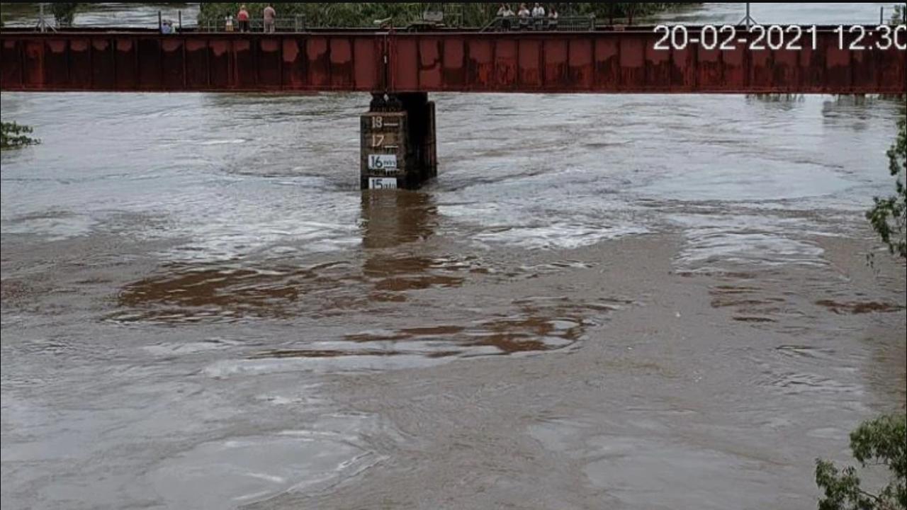 The Katherine River bridge came dangerously close to being flooded in February 2021, with water reaching a height of 15m. Picture: Katherine Town Council