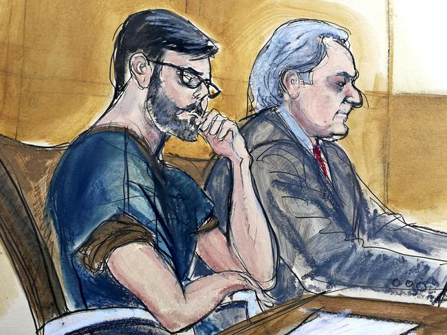 This courtroom sketch shows former pharmaceutical CEO Martin Shkreli, left, seated next to his lawyer Ben Brafman in federal court in New York. Picture: Elizabeth Williams