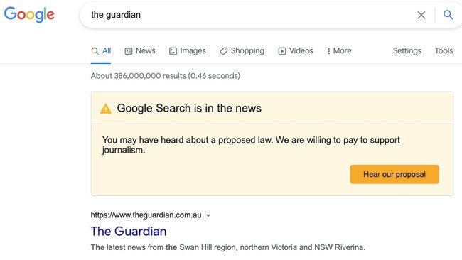 Google has placed advertisements above search results for Australian news outlets, including The Guardian, in a campaign against laws that would force it to pay for news.