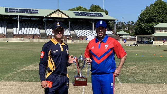 Central Coast captain Broc Hardy and Newcastle captain Nick Foster ahead of the 2022 NSW men's Country Championship final at Newcastle's No 1 Sportsground. Photo: Central Coast Cricket Association.