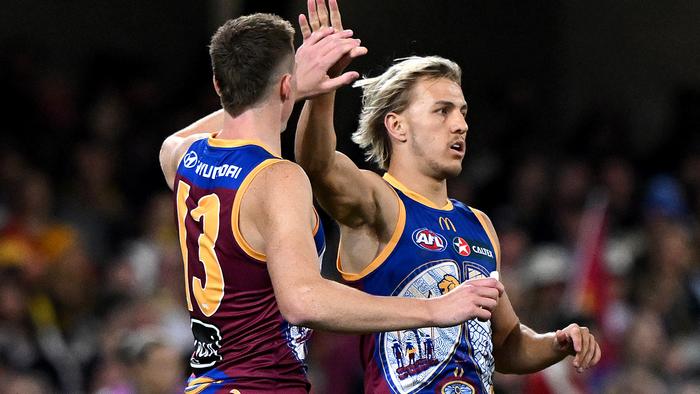 BRISBANE, AUSTRALIA - MAY 18: Kai Lohmann of the Lions celebrates kicking a goal during the round 10 AFL match between the Brisbane Lions and Richmond Tigers at The Gabba, on May 18, 2024, in Brisbane, Australia. (Photo by Bradley Kanaris/Getty Images via AFL Photos)