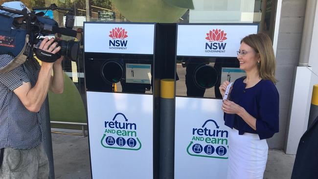 NSW Environment Minister Gabrielle Upton with container deposit scheme reverse vending machines.