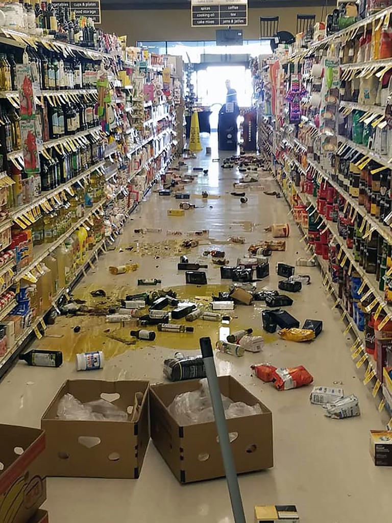 Broken bottles and other goods in a store in Lake Isabella, California after a 6.4 magnitude quake hit Southern California. Picture: AFP / Rex Emerson.