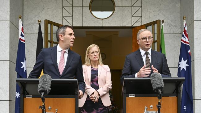 Treasurer Jim Chalmers with Prime Minister Anthony Albanese and Finance Minister Katy Gallagher at a Parliament House press conference in Canberra. Picture: Martin Ollman