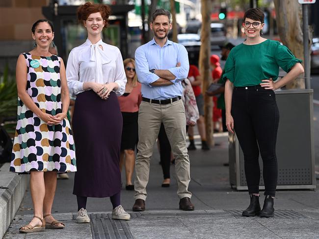 26/10/2020 : Greens candidates for  L-R Kirsten Lovejoy for McConnel, Katinka Winston-Allom for Cooper, Michael Berkman siting member for Maiwar, and for South Brisbane, Amy MacMahon, outside the pre poll in the centre of, Brisbane.  The Greens look likely to take a number of seats in the upcoming QLD state election. Pic Lyndon Mechielsen