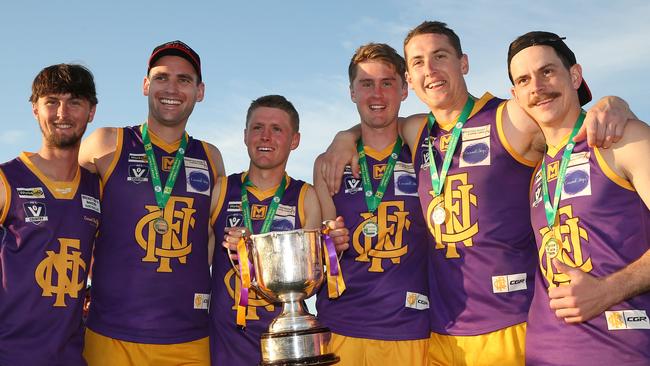 Nathalia’s Joe Nihill, Jason Limbrick, Tom Nihill, Ned Nihill, Brodie Ross and Harley Cobbledick after winning the 2018 Murray league premiership. Picture: Yuri Kouzmin