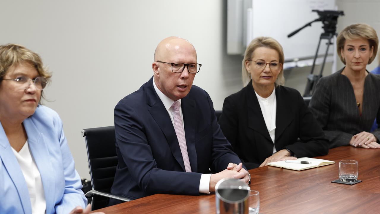 Peter Dutton, Sussan Ley and Michaelia Cash joined a round table on domestic violence in Hobart. Picture: Richard Dobson / Newswire