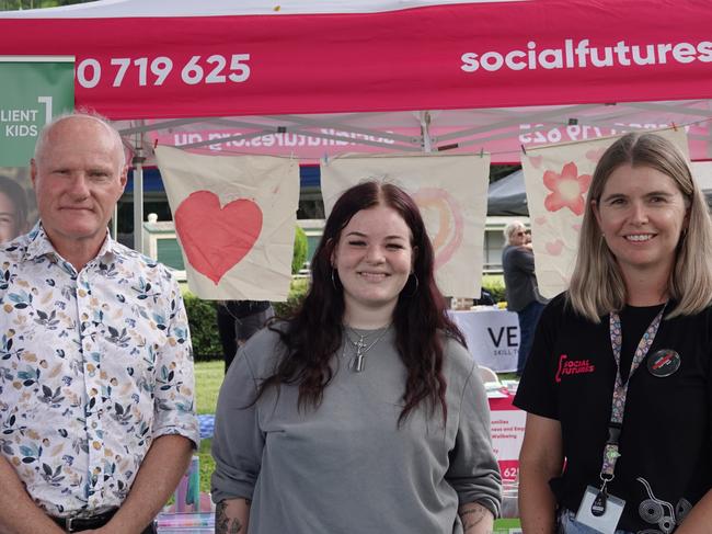 Lismore real estate agent Andrew Gordon, Emma Jacobsen, and Social Futures Program Manager, Lucie White at the Lismore Memorial Baths for Youth Homeless Matters Day. Picture: supplied