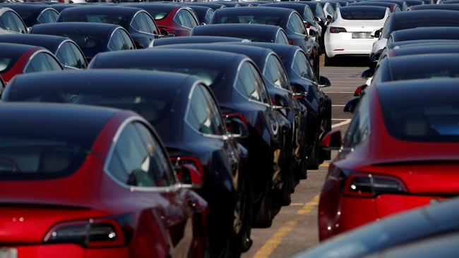 Newly manufactured Tesla electric cars on the docks in Southampton in the UK. Picture: AFP