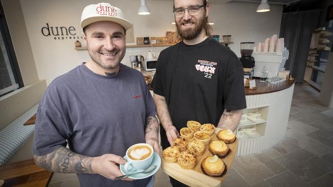 Dune Espresso owner Toby Burgess and barista Jack Sciortino at North Hobart. Picture: Chris Kidd