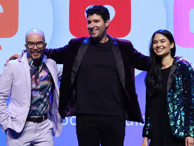 14/9/22: Canva co-founders Melanie Perkins, Cliff Obrecht and Cameron Adams speaking on-stage at Canva's Create event, announcing the next generation of their company. John Feder/The Australian.