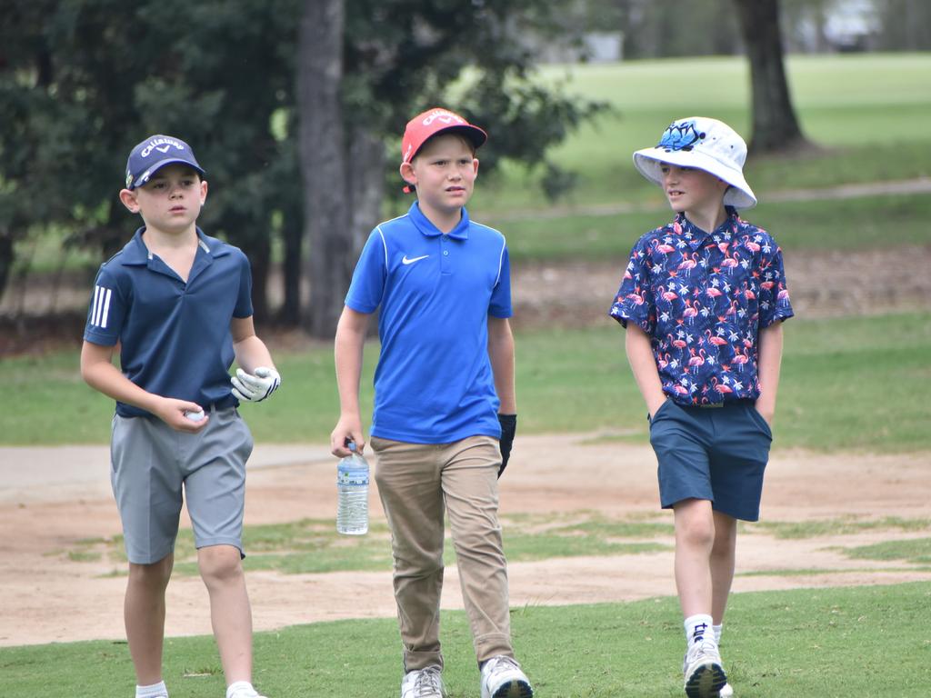 Boys eight years players Archie Lethbridge (Cooroy), Anthony Robb ((Noosa) and Rory Travers-Jones (Windaroo) head for the next tee at the US Kids Golf Foundation Australian Open at the Rockhampton Golf Club on September 28.