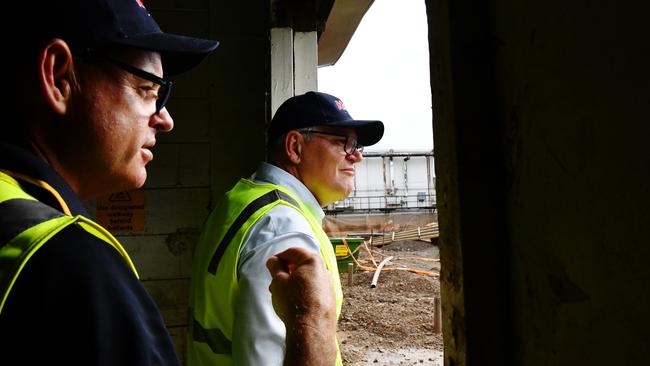 Australian Prime Minister Scott Morrison at the Norco Ice Cream factory, in the flood devastated town of Lismore. Picture: Elise Derwin