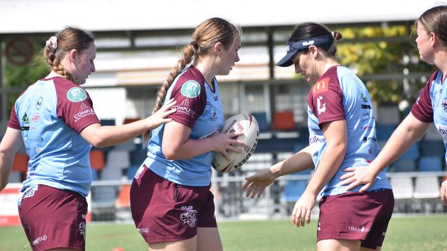 CQ Capras women go through their paces in a trial match against the clubâ€™s under-19s at Browne Park on Saturday, February 12, 2022.