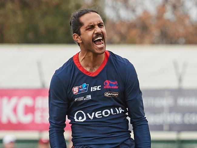 Anthony Wilson celebrating after a goal at Norwood Oval, in the match between North and Norwood, Sunday, July 28, 2019. Picture: MATT LOXTON