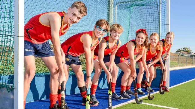 Joshua Ucinek, Owen Geoghegan, Coell Williams, Molly Dwyer, Emily Holland and Ella Bruce, who are part of the National Under-15 hockey championships. Picture: Brenton Edwards