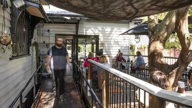 The leafy outdoor courtyard at Goodness Gracious cafe in Graceville. Picture: Mark Cranitch.