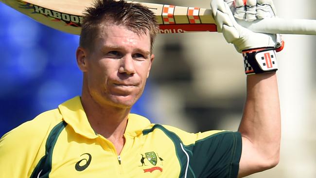 David Warner celebrates after scoring his century against South Africa earlier this year. Picture: AFP PHOTO