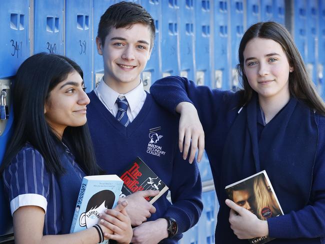 Year 9 students from Melton Secondary College Pardis 14, Ace and Chloe 14 spending their spare time reading. The college has worked to improve the Year 9 cohort's literacy. It comes as the latest figures show stagnating results and poor participation of Year 9 students in NAPLAN.   Picture: David Caird