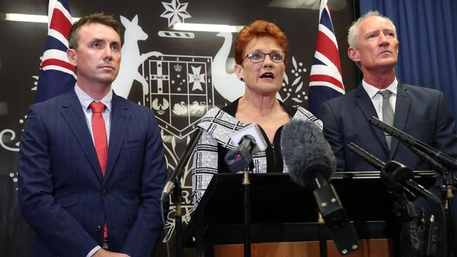 Senator Pauline Hanson holds a press conference with chief of staff James Ashby and QLD One Nation Leader Steve Dixon, Commonwealth Parliamentary Offices, Brisbane. Photographer: Liam Kidston