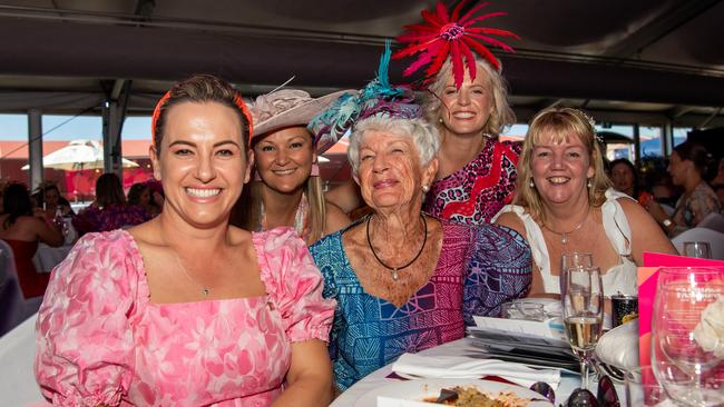 Lia Finocchiaro, Leonie Mcnally, Kyllen Shuman, Amanda Hoepper and Lisa Dewsbury at the 2024 Darwin Cup Carnival Ladies Day. Picture: Pema Tamang Pakhrin