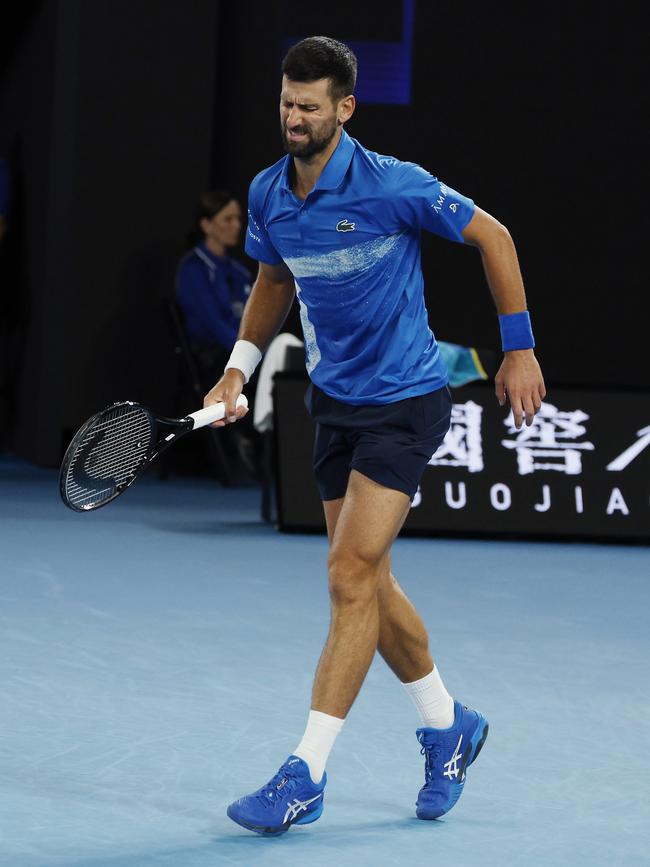 Djokovic shows discomfort in the first set. Picture: Michael Klein