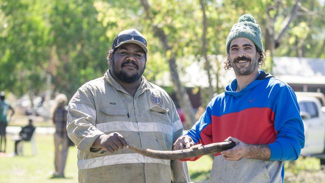 BARUNGA, AUSTRALIA - NewsWire Photos - JUNE 08, 2024: Jawoyn Ranger Tristin Maroney and Sebastian Giarratana prepring a Roo Tail for Lunch as the annual Barunga Festival, 375 km south of Darwin as the community of Barunga opens its doors to the world in a celebration of Culture, Sport and Art Picture: NewsWire / Glenn Campbell