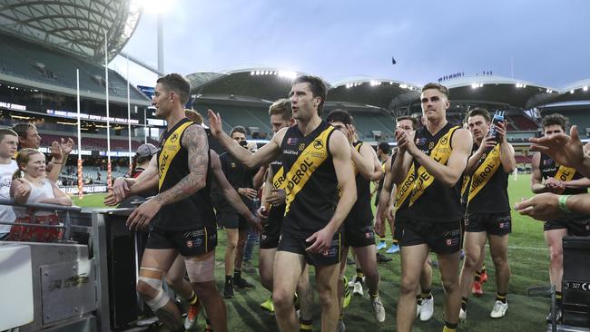 Glenelg players come off Adelaide Oval after the club’s preliminary final success against Adelaide last weekend. Picture: Sarah Reed