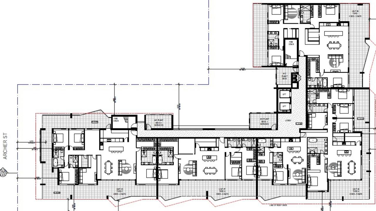 The floor plan of the rooftop level which features deeper balconies.