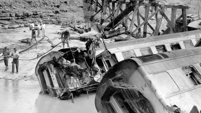 The Midlander train crashed through Medway Creek Bridge outside of Bogantungan, between Emerald and Barcaldine. Of the 120 passengers on board, seven were killed and another 43 injured. Picture: Supplied