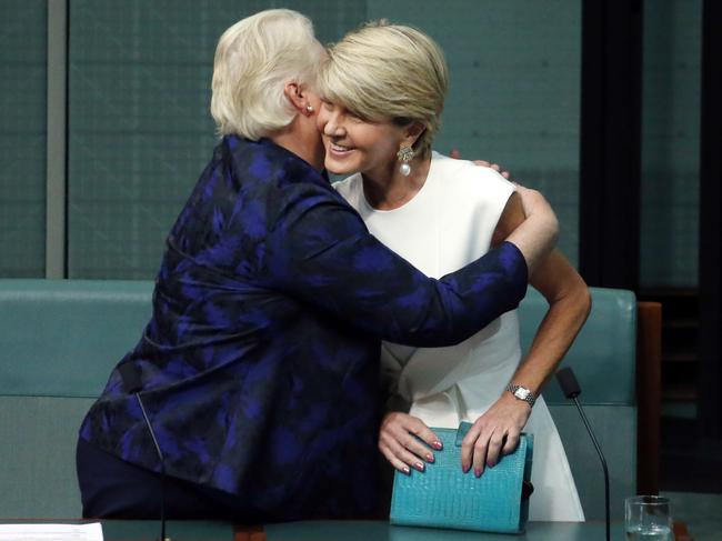 Ann Sudmalis comforts Julie Bishop after the announcement. Picture: Gary Ramage