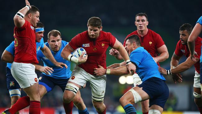 Pascal Pape of France tries to break away during the 2015 Rugby World Cup Pool D match between France and Italy at Twickenham.