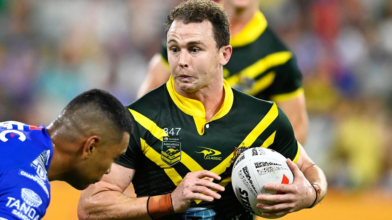 Dylan Edwards played on the wing for the Kangaroos against Samoa. Picture: Ian Hitchcock/Getty Images