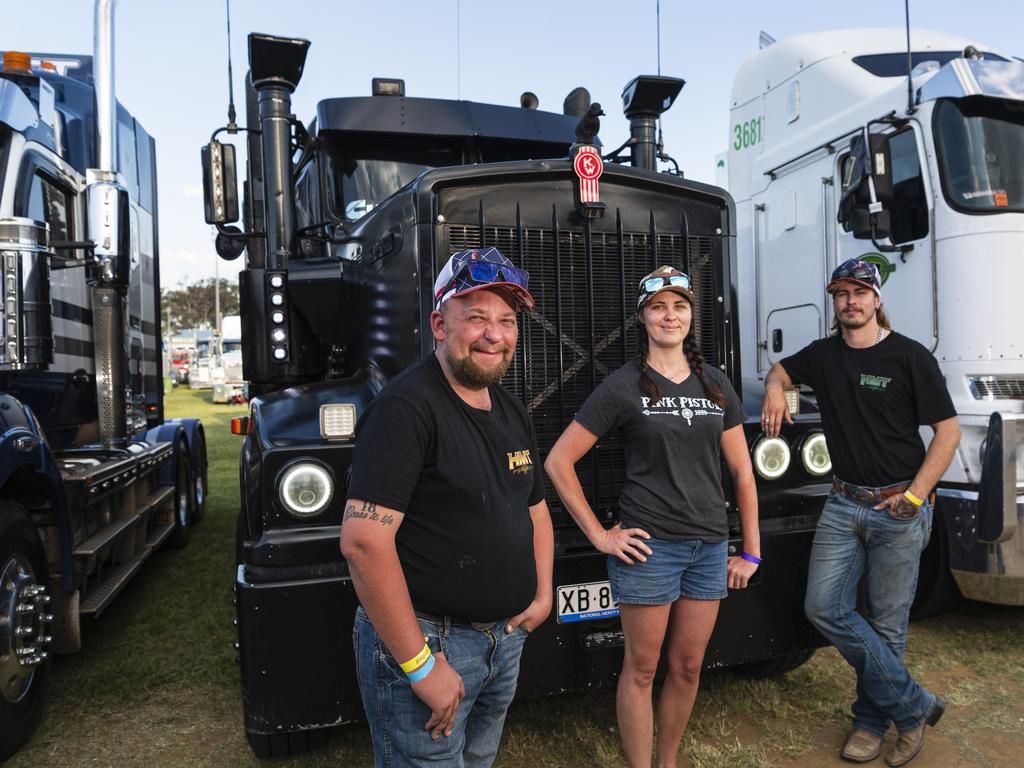 At Lights on the Hill Trucking Memorial are (from left) Mitchell Keogh, Rachel Baker and Lachlan Christenson at Gatton Showgrounds, Saturday, October 5, 2024. Picture: Kevin Farmer