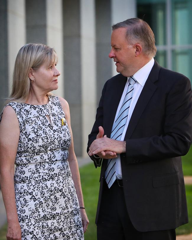 Julie-Ann Finney meets with Opposition Leader Anthony Albanese at Parliament House in Canberra. Picture: Kym Smith