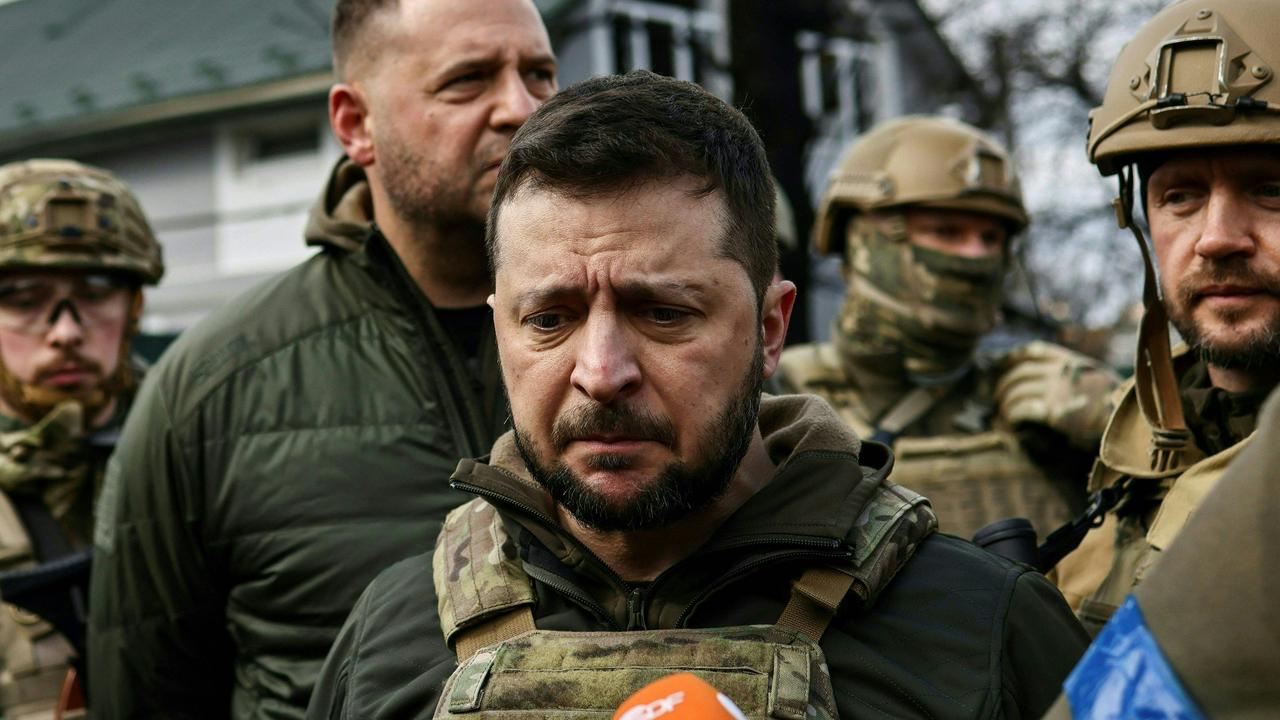 Ukrainian President Volodymyr Zelenskyy fights back tears in the town of Bucha, northwest of the Ukrainian capital Kyiv. Picture: AFP