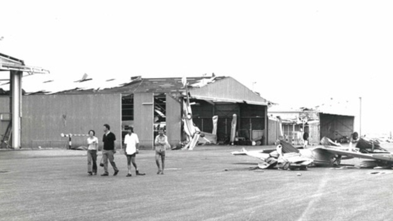 The Connellan aircraft hangars in Darwin Airport after Cyclone Tracy, December 1974. Picture: Neil Dixon