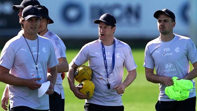 Carlton coaches David Teague, Luke Power and Dan O'Keefe at Blues pre-season training. Picture: Sean Garnsworthy/AAP