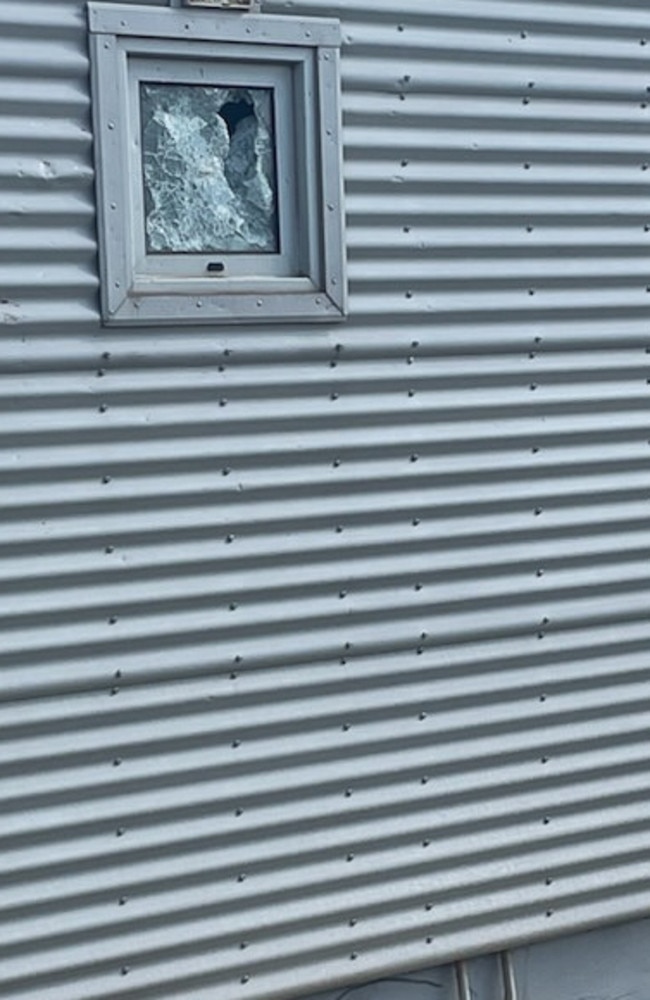 Several windows have been smashed and boarded up at the Howard Springs facility after it housed flood evacuees from Kalkarindji, Pigeon Hole and Daguragu. Picture: Supplied