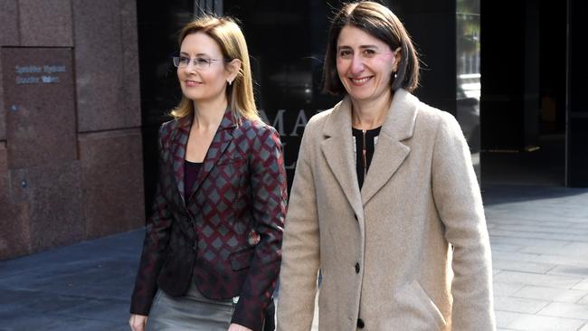 NSW Premier Gladys Berejiklian (right) and NSW Minister for Local Government Gabrielle Upton, arrive at a press conference on council amalgamations.