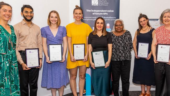 Left to Right - GPRA Board Director and NT GP Dr Siobhan Hensey, Dr Asim Razi (Darwin), Dr Sophie Yeates (Nhulunbuy/Gove), Dr Ella Heggen (Darwin), Dr Shauna Hill (Alice Springs), Ada Wilmadda Parry, Dr Leah Ginnivan (Wadeye), and Dr Anna Walmsley (Darwin). Picture: GPRA / Supplied.