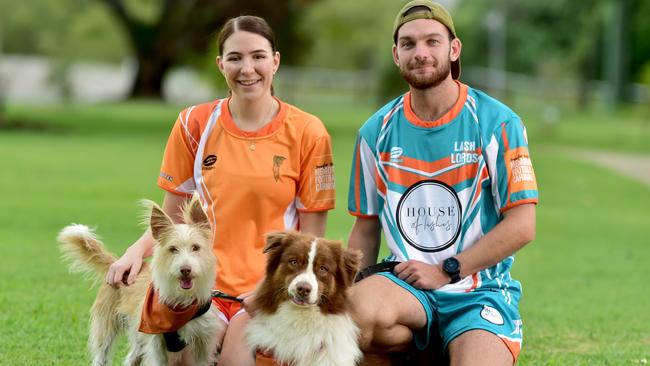 Jennifer Board's sister Siana and Luke Southgate with Jennifer's dogs Simba and Kovu, at Victoria Park in South Townsville. Picture: Evan Morgan