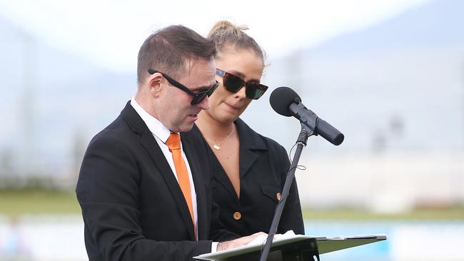 Pete and Kelsie Kearsley read a eulogy for their son and brother Joseph "Joey" Kearsley, who passed away last week after a long fight with cancer. The funeral service at Cazalys Stadium was attended by hundreds of mourners. Picture: Brendan Radke